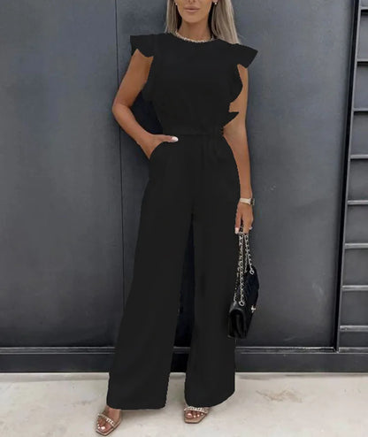 Jumpsuit with lace up high waist elegant women's solid color straight tube fashionable ruffle edge sleeves dating jumpsuit
