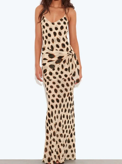 Women Polka Dot Maxi Dress Spaghetti Strap Cowl Neck Ruched Side Drawstring Bodycon Sheer Mesh Summer Beach Vacation Party Dress