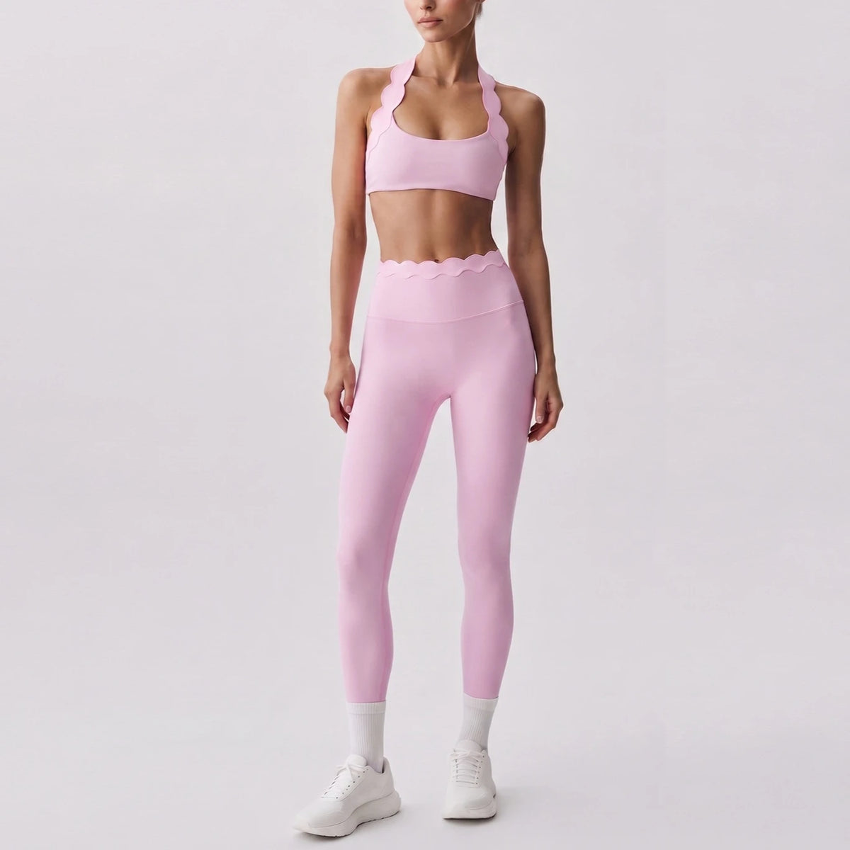 Women 2 Piece Yoga Set Contrast Scalloped Trim Halter Sports Bra Criss‑Cross Back High Waist Leggings Workout Clothes Gym Set