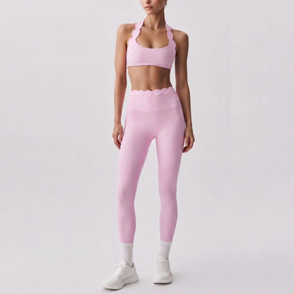 Women 2 Piece Yoga Set Contrast Scalloped Trim Halter Sports Bra Criss‑Cross Back High Waist Leggings Workout Clothes Gym Set