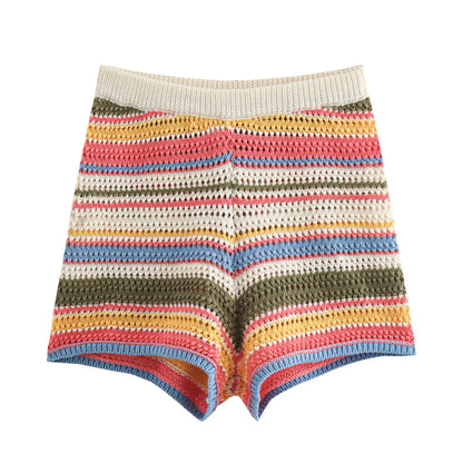 Women Patchwork Striped Hollow Out Crochet Knitted Crop Sweater Shorts Set Short Sleeve Polo Collar Sweater Knit Shorts Suit Y2K