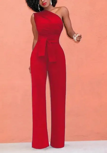 Combinaison Femme Unie Col Asymétrique Crop Top Pantalon Droit Ceinture Sexy Sans Manches Pantalon Ample Élégant Charmant Combinaison 2024
