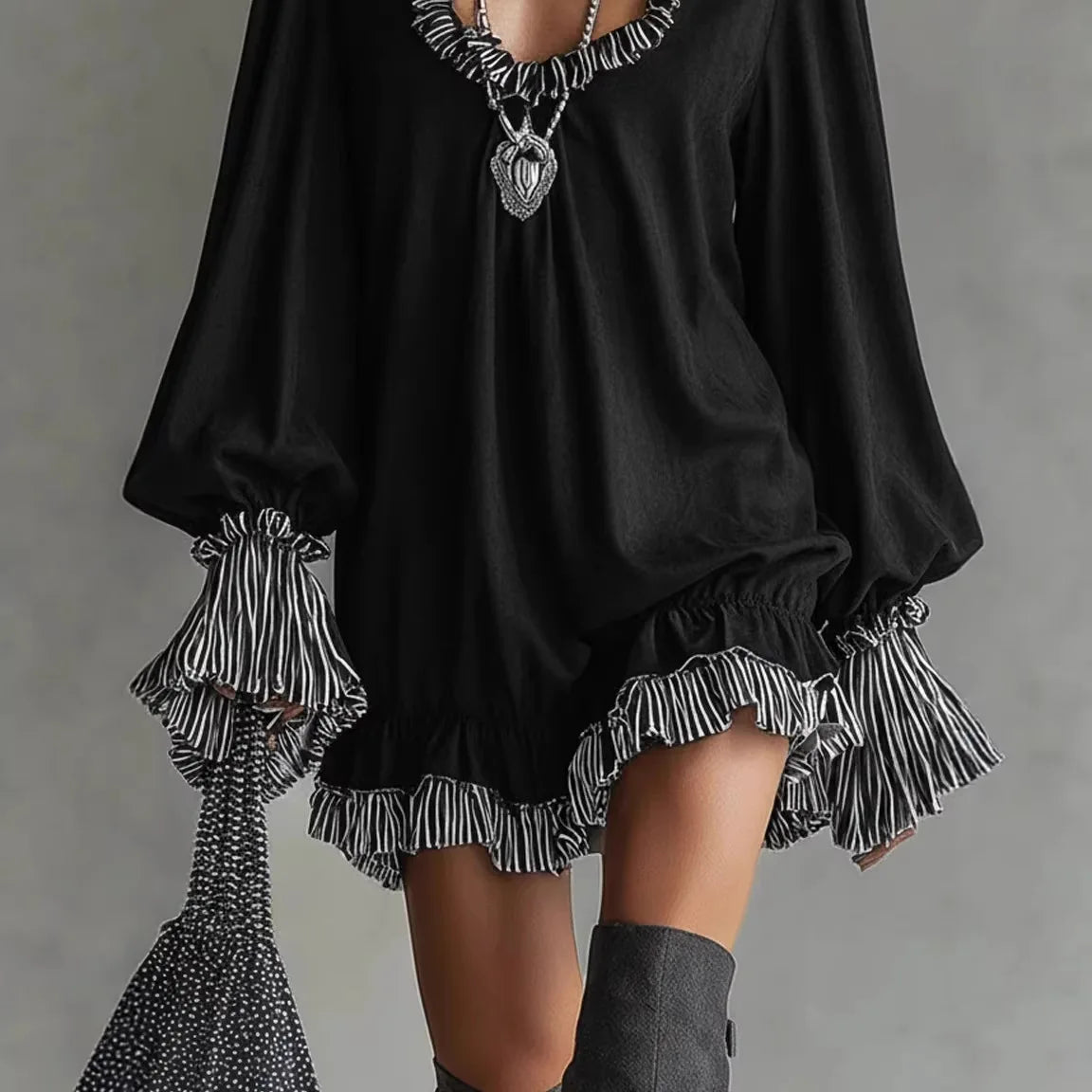 Women's Ruffled Mini Dress Spring Summer Fashion Deep V-Neck Long Sleeves Striped Cuffs Striped Dress Perfect For Party Outfit