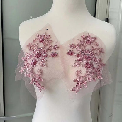 2PCS/Pair,3d Flower Wtih beaded sequined Bodice Applique sewing supplies,Lace Emboridery Sew On Patches For Dresses,Clothing