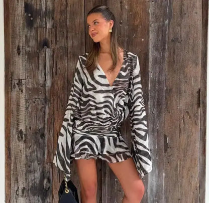 Mini-robe longue à imprimé zèbre pour femme, idéale pour les soirées et les clubs, avec volants, collection été 2026