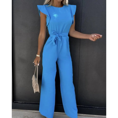 Jumpsuit with lace up high waist elegant women's solid color straight tube fashionable ruffle edge sleeves dating jumpsuit