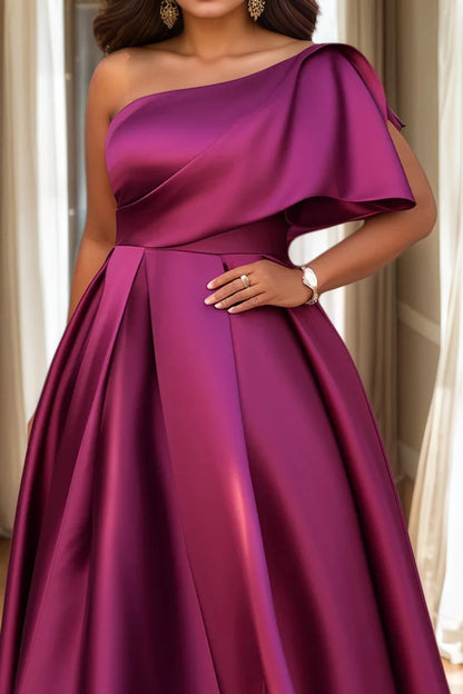Robe de soirée grande taille pour femme, une manche, plissée, trapèze, élégante, pour invitée de mariage, cocktail, robe longue, épaule dénudée, robe de cérémonie