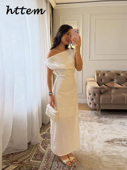 Elegant Off Shoulder Pleated Long Dress Slim Slash Neck Sleeveless Female Party Dresses 2026 Summer Autumn Lady Chic Solid Robes