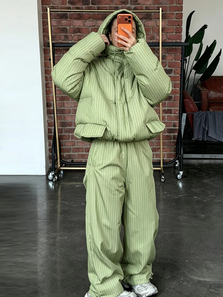 Women Winter Matching Set Multi Color Options Vertical Stripe Hooded Cropped Puffer Jacket Baggy Wide Leg Pants Warm Outfit Sets