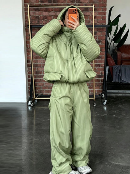 Women Winter Matching Set Multi Color Options Vertical Stripe Hooded Cropped Puffer Jacket Baggy Wide Leg Pants Warm Outfit Sets