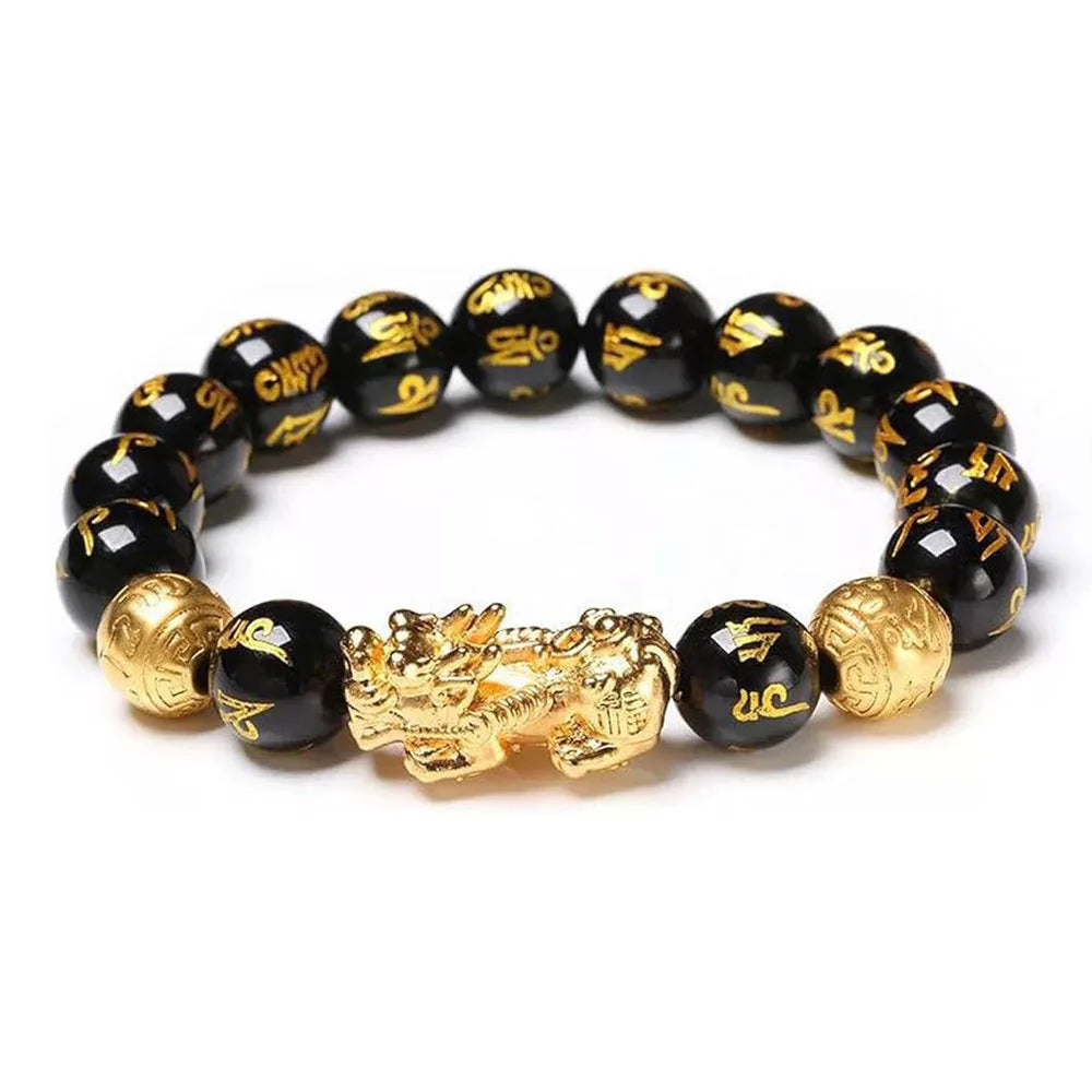 Bracelet Feng Shui de richesse et de chance, bracelet Pixiu Feng Shui en obsidienne noire, prospérité, perles Bouddha, bracelet élastique
