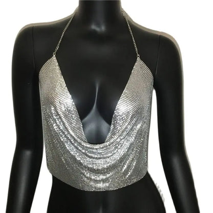 AKYZO Women 2025 Sexy Metal Sequined Tank Camis Summer Gold Silver Backless Cropped Glitter Beach Club Show Wear Tank Tops