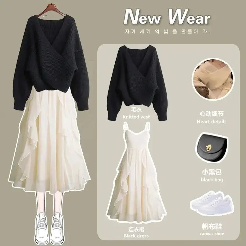 Women's Knitted Sweater Skirt Two Piece Set Women Slim Elegant Tops Female Sweater Dress Suits Lady Knitting Outfit