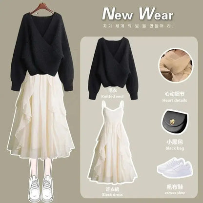 Women's Knitted Sweater Skirt Two Piece Set Women Slim Elegant Tops Female Sweater Dress Suits Lady Knitting Outfit