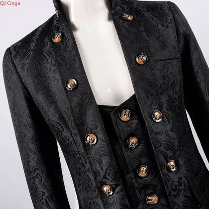 White Men's Vintage Style Military Double - Breasted Trench Coat with Embroidered Patterns and Black-Yellow Buttons.