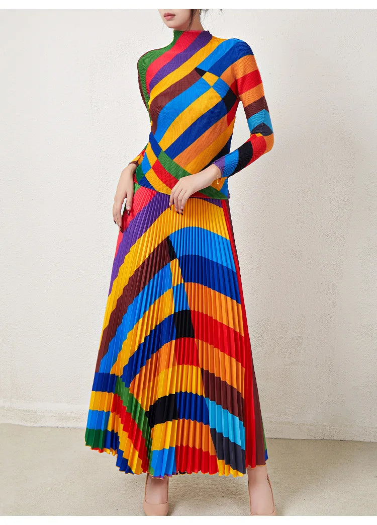 Fashionable two-piece set for women: pleated rainbow print long-sleeved top and high-waisted versatile skirt.