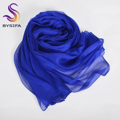 [BYSIFA] Peacock Blue Winter 100% Mulberry Silk Long Scarves Wraps Female Fashion Large Scarf Shawl Spring Fall Silk Scarf Cape