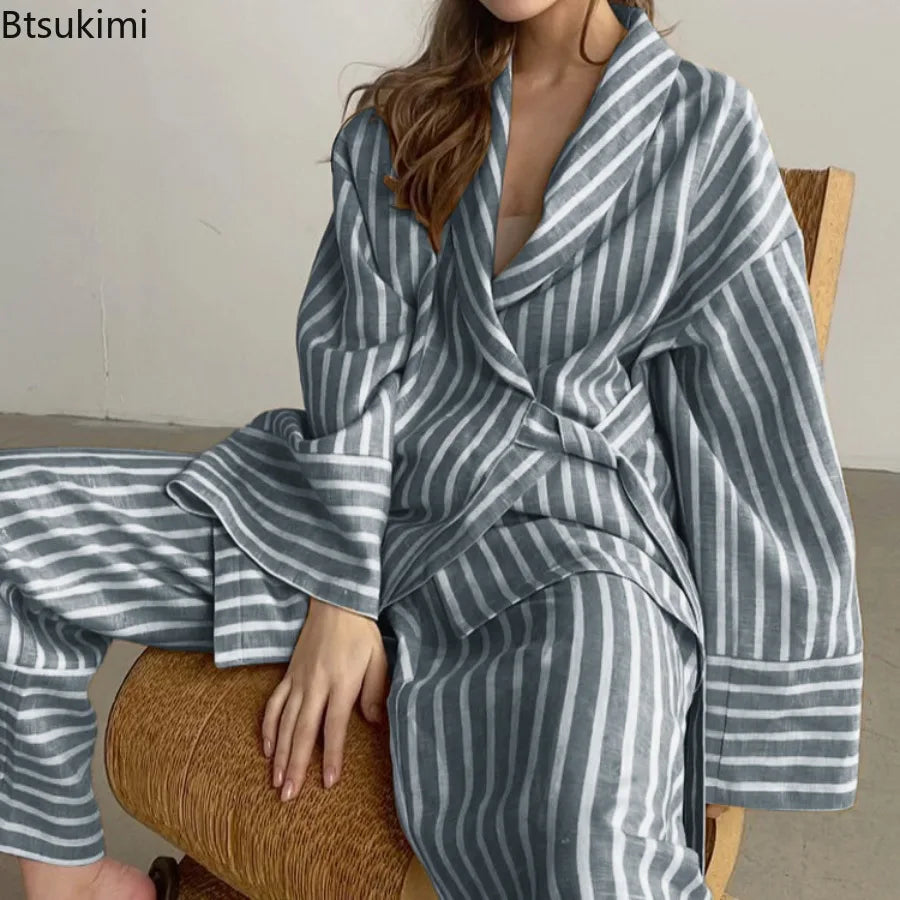 Women's Two-piece Set  Autumn New Striped Long-sleeved Loose Lace-up Top High-waisted Trousers Fashion Casual Suit for Women