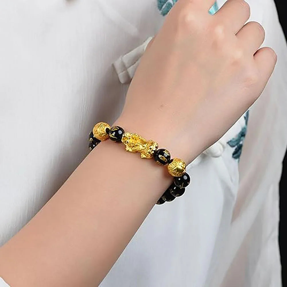 Bracelet Feng Shui de richesse et de chance, bracelet Pixiu Feng Shui en obsidienne noire, prospérité, perles Bouddha, bracelet élastique