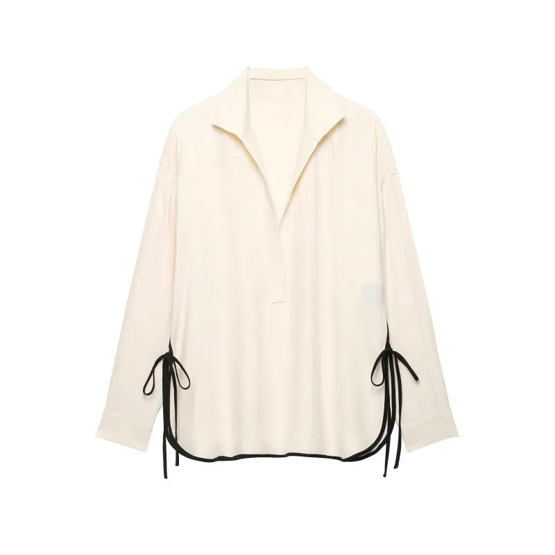 Women's Two Piece Set, Lapel V Neck Blouse with Tie Cuffs and Wide Leg Pants, Casual Trim Detail Outfit
