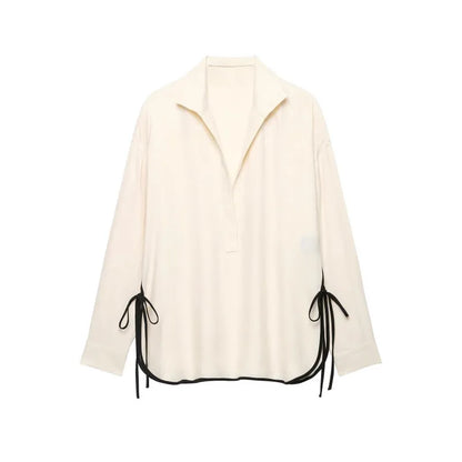 Women's Two Piece Set, Lapel V Neck Blouse with Tie Cuffs and Wide Leg Pants, Casual Trim Detail Outfit