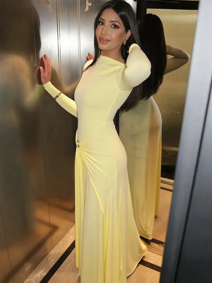 Mozision Elegant Long Sleeve Ruched Sexy Maxi Dress Women Gown Autumn Fashion Draped Bodycon Long Dresses Female Clothing