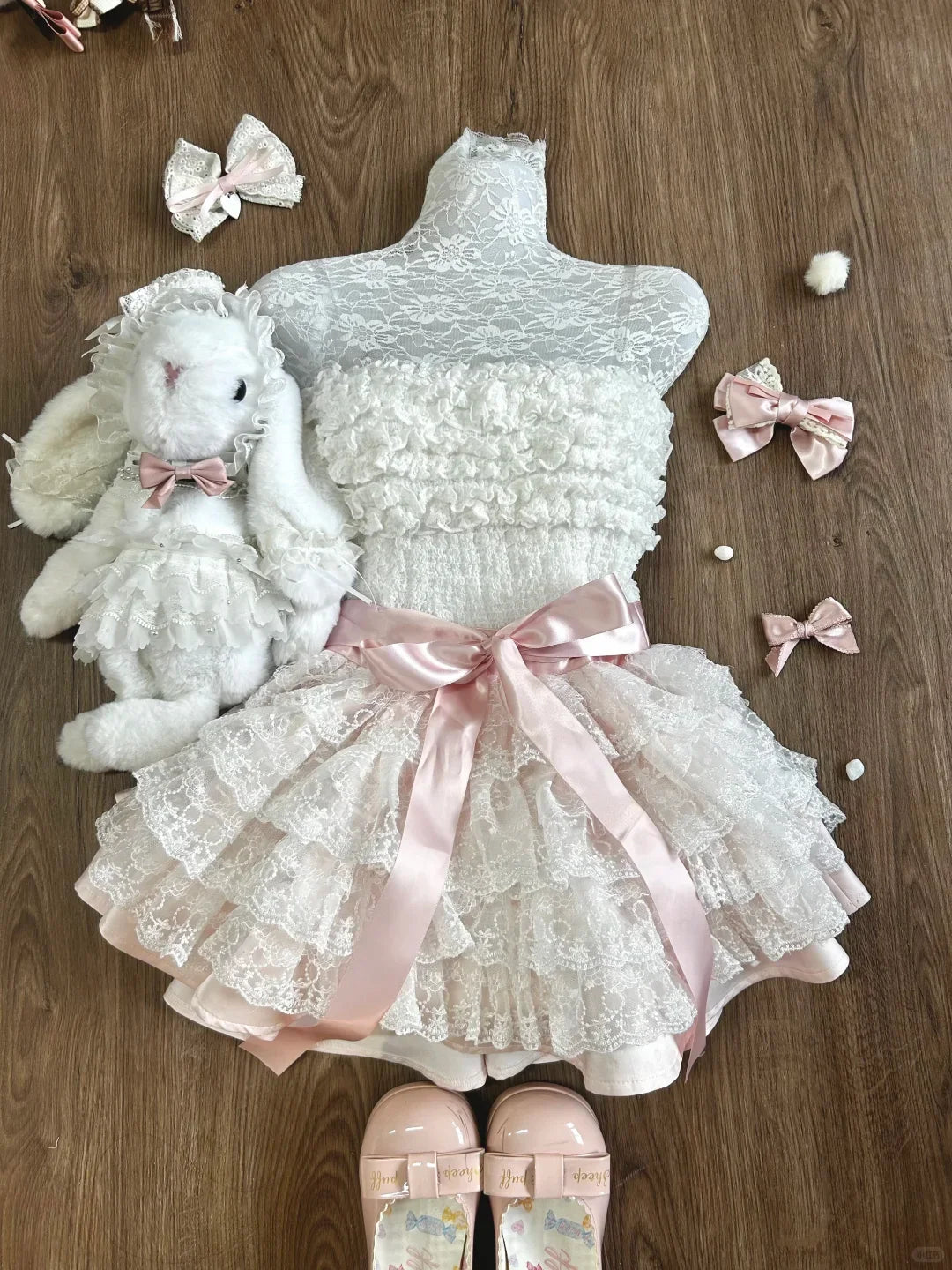 Spring Y2K Princess Outfits Women 2 Piece Sets Sweet Kawaii Bow Tops + Lace Pleated Skirt Female Retro Chic Preppy Style Clothes
