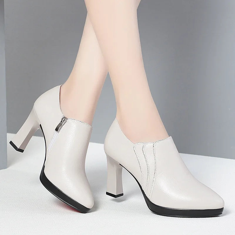 Escarpins Confortables en Cuir Souple à Bout Pointu et Décolleté Femme, Collection Automne 2024, Talons Carrés Hauts Pour Le Bureau, Idéal Maman Élégante