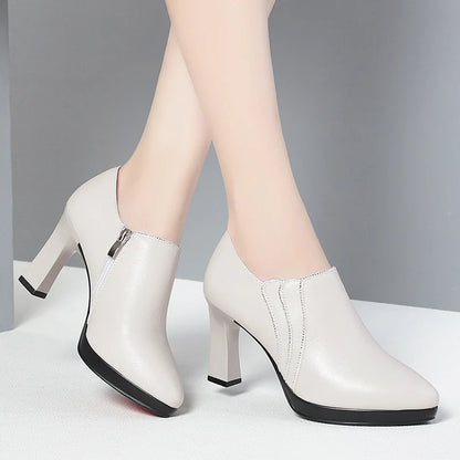 Escarpins Confortables en Cuir Souple à Bout Pointu et Décolleté Femme, Collection Automne 2024, Talons Carrés Hauts Pour Le Bureau, Idéal Maman Élégante