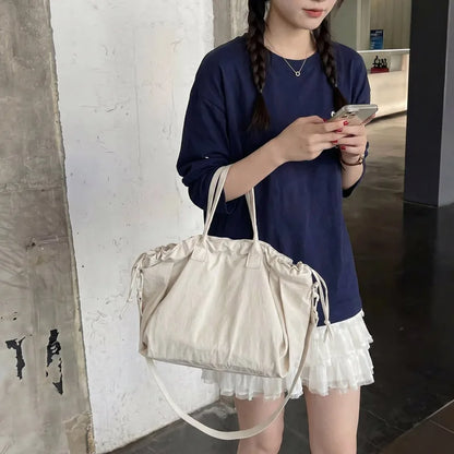 Big Drawstring Bucket Shoulder Bags For Women Nylon Fabric Lightweight Large Capacity Shopper Totes Pure Color Practical Handbag