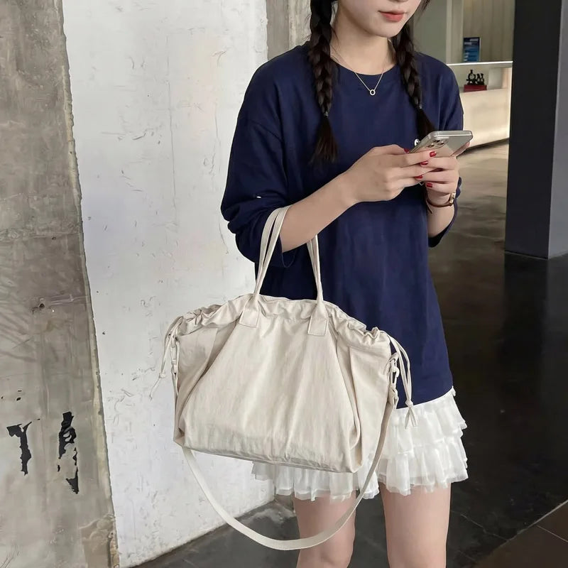 Big Drawstring Bucket Shoulder Bags For Women Nylon Fabric Lightweight Large Capacity Shopper Totes Pure Color Practical Handbag