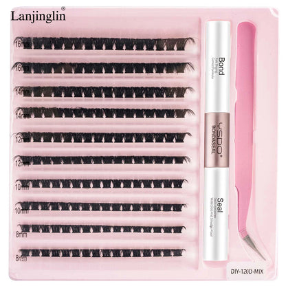 Nouveau kit de cils individuels 10 rangées - Cils groupés naturels longs à faire soi-même avec colle et scellant pour extensions de cils - Outils de maquillage Faux Cils