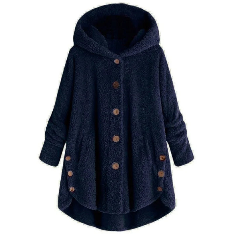 New Fashion Autumn Winter Women's Solid Button Coats Ladies Warm Teddy Bear Loose Outwear Female Plush Coat Hooded Plush Jackets