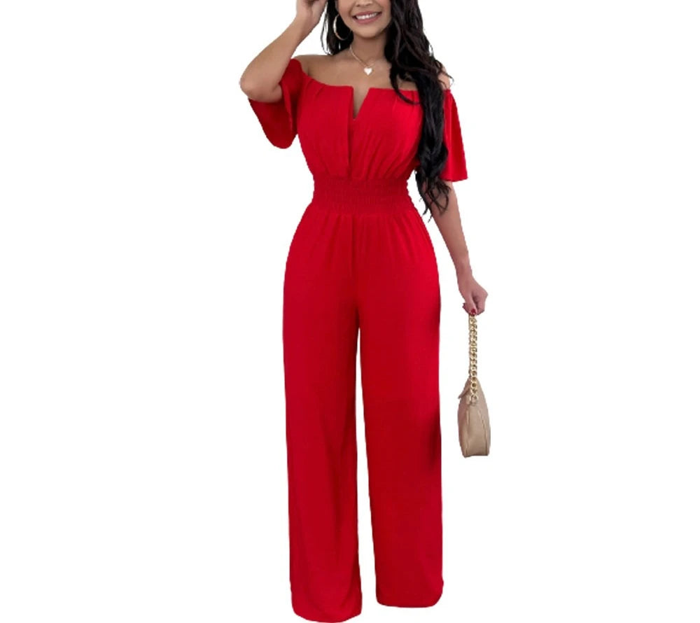2026 Jumpsuits for Women Summer Fashion Off Shoulder Casual Short Sleeve Wide Leg Rompers Sexy Slim Ladies Overalls Streetwear
