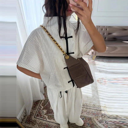 Ensemble décontracté pour femme en lin, 2 pièces, chemise ample à lacets et boutons, pantalon large, collection printemps-été 2026, tenues de vacances pour femme