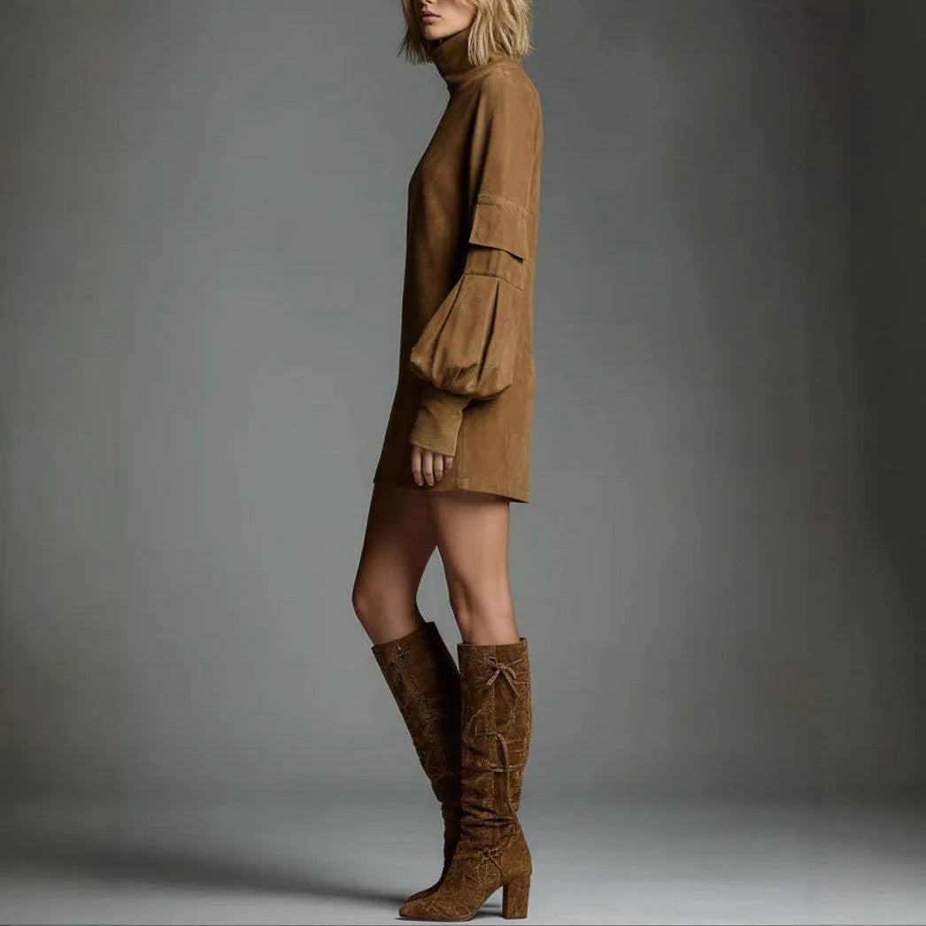 American Retro Fashion Women Dress Suede Business Casual High Collar Long Sleeve Pocket Casual Midi Dresses Streewear Dress