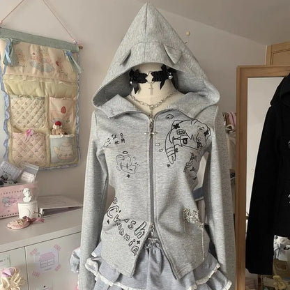 Cat Ears Hooded Sweatshirts 2025 Women Clothes Short Sleeve Zipper Slim Fit Hoodies Y2k Tops Casual Fashion Japanese Cute Hoodie