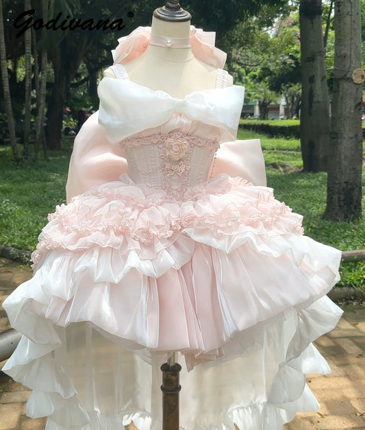 Robe bustier rose fée de style français pour femmes, collection printemps-été 2025, style Lolita, grande nœud, princesse, bouffante, courte, pour soirée et cocktail