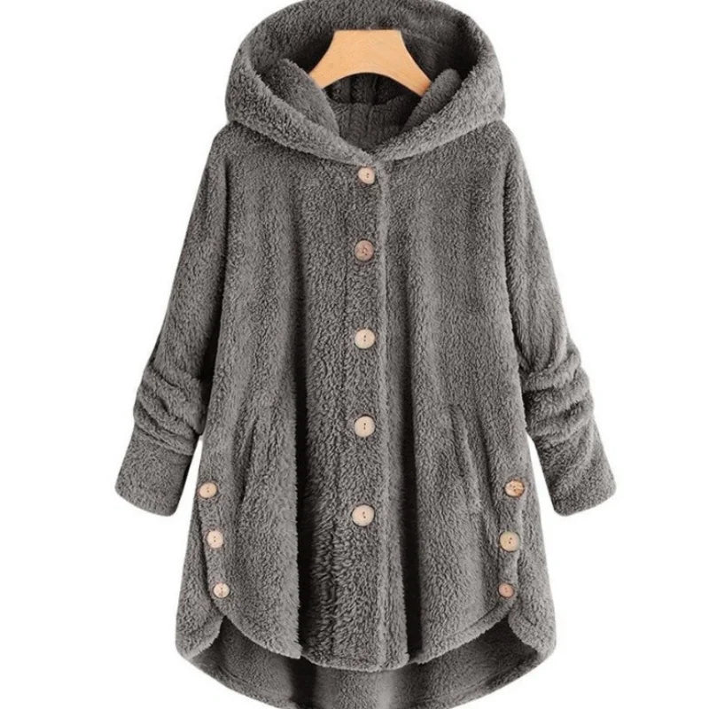 New Fashion Autumn Winter Women's Solid Button Coats Ladies Warm Teddy Bear Loose Outwear Female Plush Coat Hooded Plush Jackets