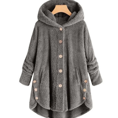 New Fashion Autumn Winter Women's Solid Button Coats Ladies Warm Teddy Bear Loose Outwear Female Plush Coat Hooded Plush Jackets