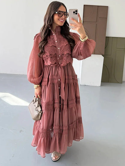 Robes longues évidées pour femmes, manches lanternes, laçage, perles, boutonnage simple, Vestidos, printemps, couleur unie, robe élégante 2026