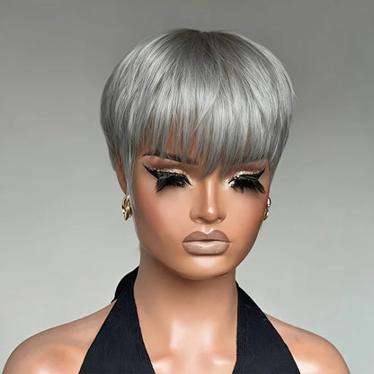 Human Hair Wig - Short 6-Inch Pixie with Grey# Color, 150% Density Natural Look,full machine made wig for Casual Attire & for ha