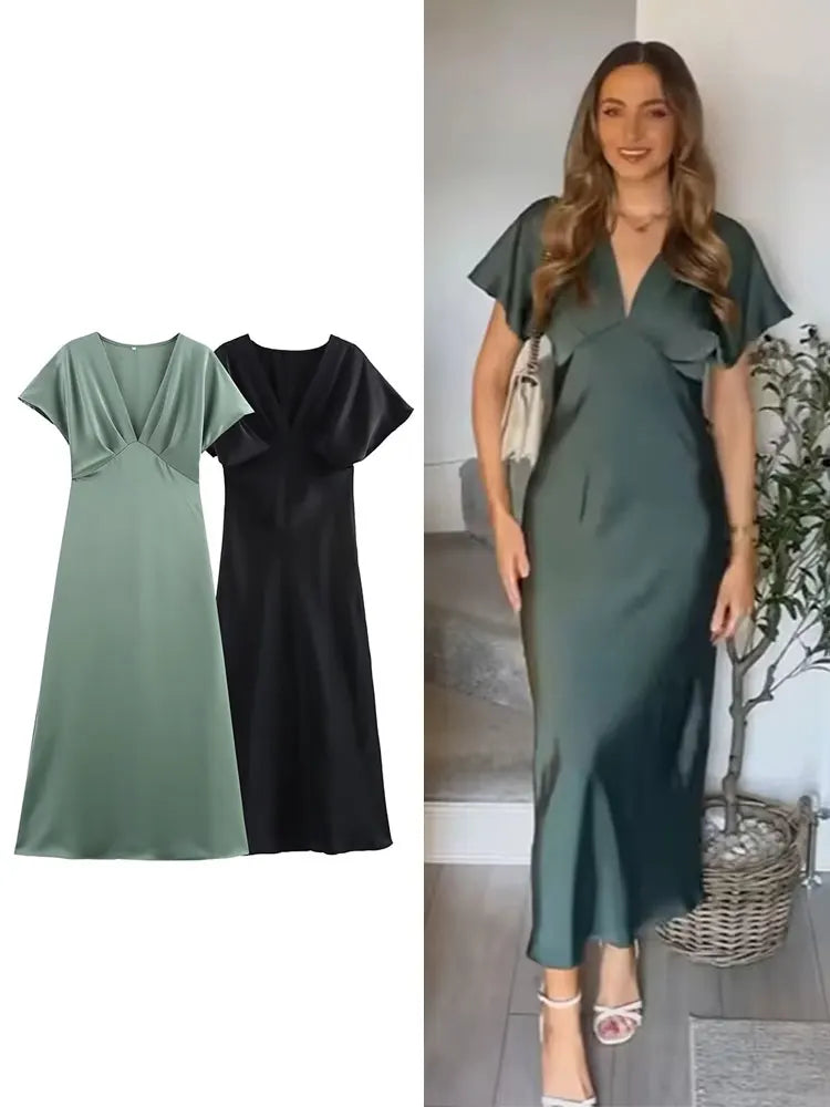 HH Women Elegant Solid Satin Dress Sexy V Neck Short Sleeve Midi Dress 2025 New Fashion Summer Lady Holidays Party Dress