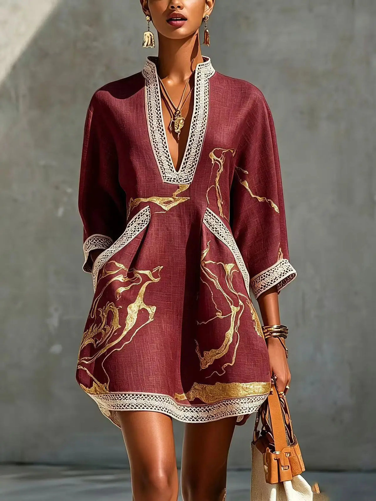 B Elegant Mini Dress for Women Fashion Lace Trim V Neck Abstract Print 3/4 Sleeve Pocket Dress Casual Commuting Vacation Dresses