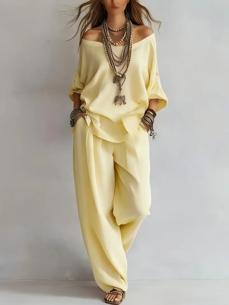 Women's 2 Piece Outfit Casual Loose Off Shoulder Long Sleeve Top & Wide Leg Pants Set Elegant Solid Color  Matching for Summer
