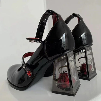 Escarpins Punk Gothique Talon Haut Femme 2024 Nouveaux Escarpins Rose en Cuir Verni Femme Brides Cheville Noires Chaussures Mary Jane