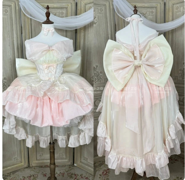 Robe bustier rose fée de style français pour femmes, collection printemps-été 2025, style Lolita, grande nœud, princesse, bouffante, courte, pour soirée et cocktail