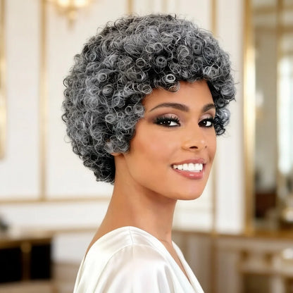 Grey Human Hair Wig for Women Short Curly Bangs Wig Mom/Grandmother Daily Use 6 Inch Bouncy Curly Wigs Full Machine Made Wigs