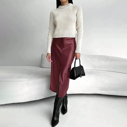 Leather Skirt High Waist Women Front Slit Spring Autumn Long Skirt High Waisted Office Lady Slim Skirts Elegant Ropa De Mujer