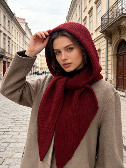 Womens Ribbed Knitted Skullies Hat with Scarf Stylish Solid Color Hooded Scarf for Winter Spring Fall